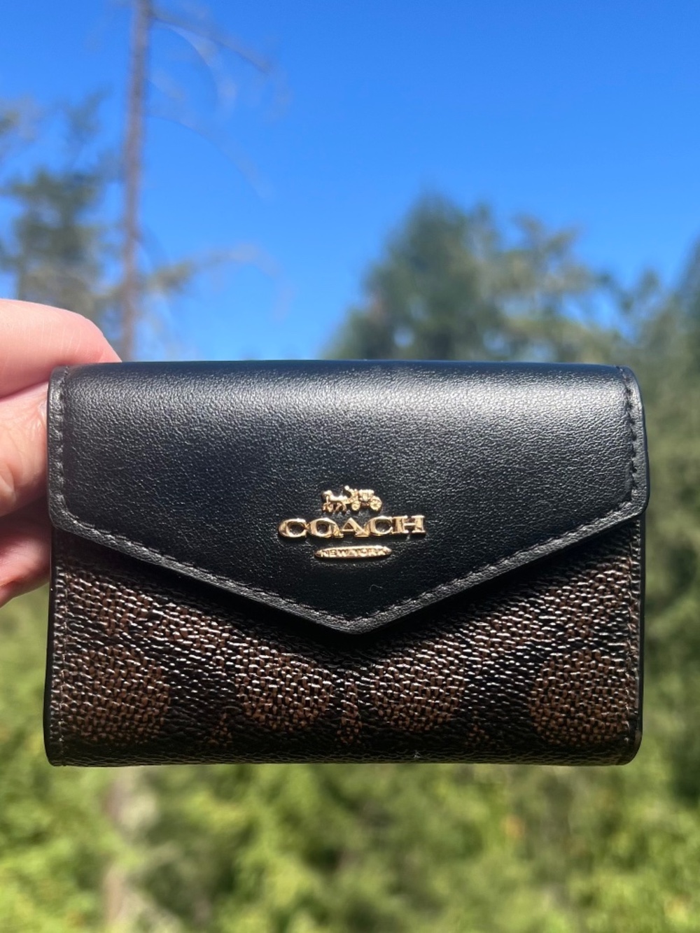 COACH Signature Flap Card Case Wallet Black/Brown Gold Hardware AUTHENTIC
